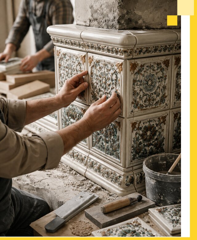 Изразцовые камины под ключ в Мысках: проект и монтаж