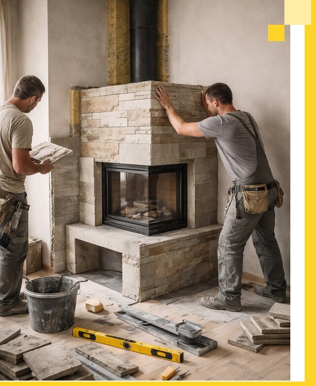 Угловые камины под ключ проект, монтаж и отделка в Мысках