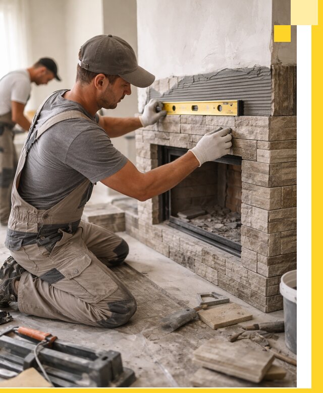 Облицовка каминов в Мысках, монтаж и отделка натуральным камнем