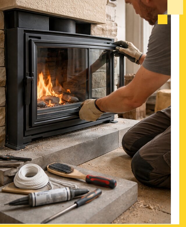 Производство, монтаж и доставка каминов со стеклом в Мысках