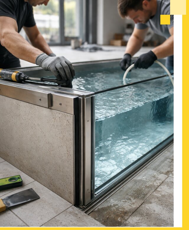 Проектирование и монтаж стеклянных бассейнов в Мысках