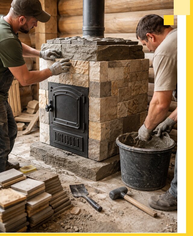 Облицовка банной печи под ключ в Мысках: камень и плитка