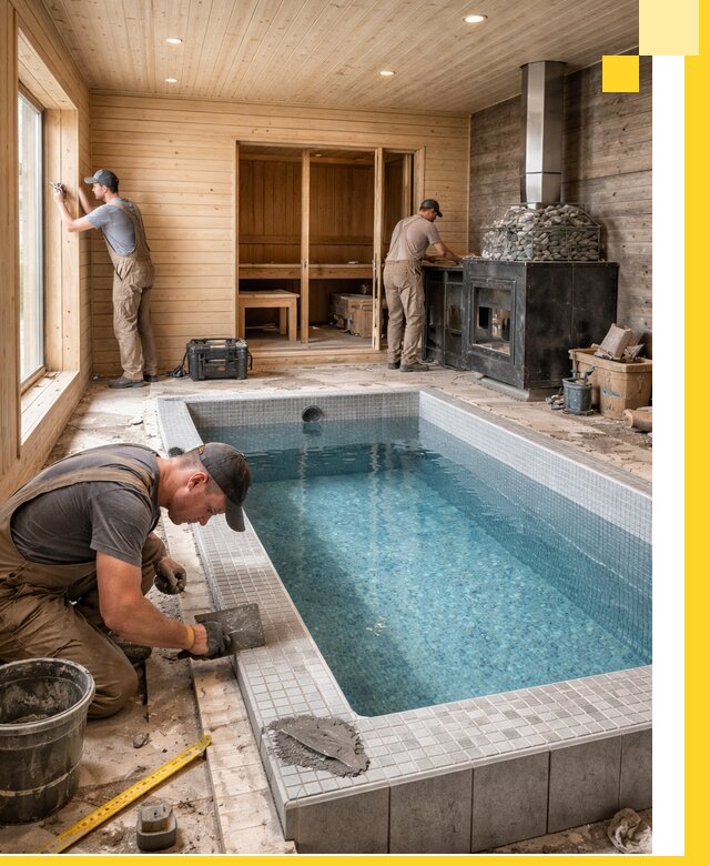 Проект бани с бассейном и сауной в Мысках под ключ