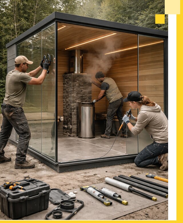 Проектирование и строительство стеклянных бань в Мысках