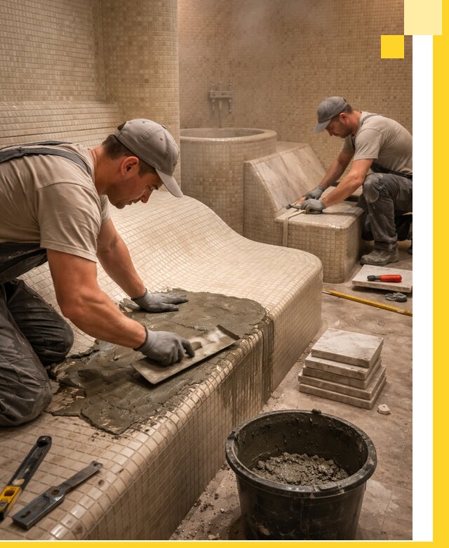 Лежаки для хамама под ключ в Мысках, проект и монтаж