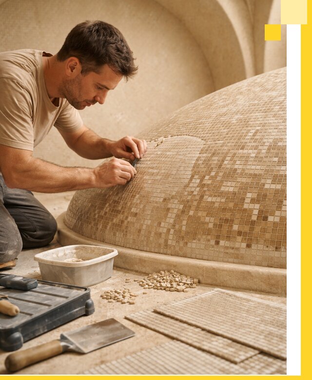 Профессиональная укладка мозаики для хамама под ключ в Мысках